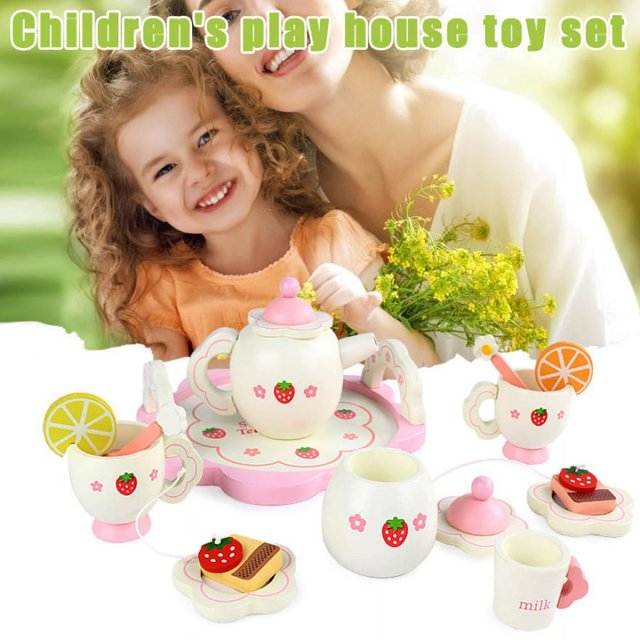 Wooden Mini Tea Set Toy Cup Teapots Tray for Children Kids Kitchen Role Playing Game