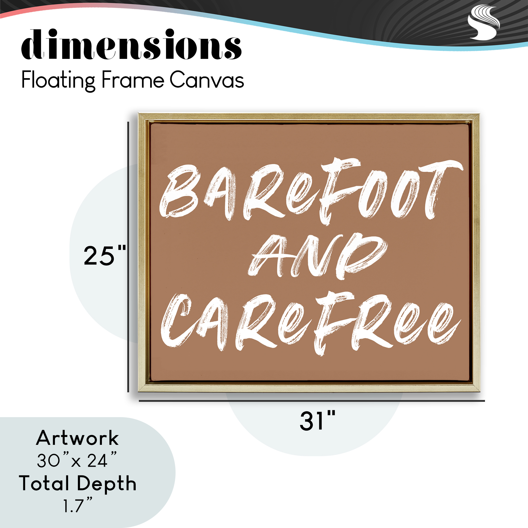 Barefoot & Carefree Brown Gold Framed Floater Canvas Wall Art, design by Lettered and Lined