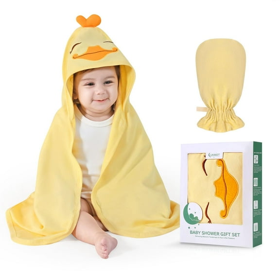 SUOSDEY Newborn Bath Towel with Hooded,Absorbent Baby Robe Body Wrap Towel And Glove Set Perfect Shower Gifts for Boys and Girls,28"x28"Inch(Duck)