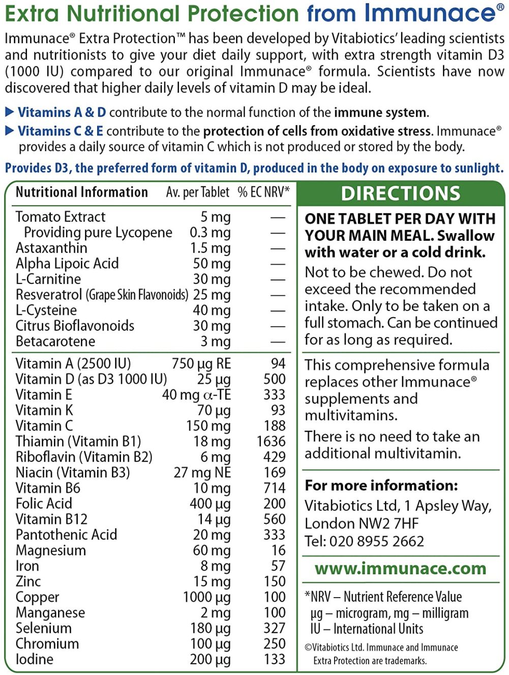 Vitabiotics Immunace Extra Protection 30 Tablets Walmart Com