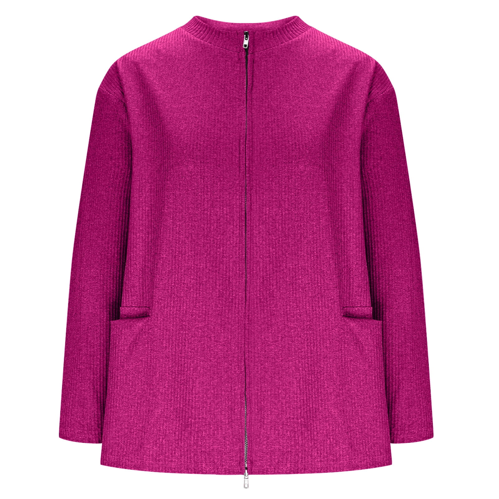 Women's Knitted Jacket Casual Comfy Stand Collar Sweater Solid Zip Up Jacket Coat Lightweight Fall Winter Ribbed Knit Sweater Hot Pink L - image 5