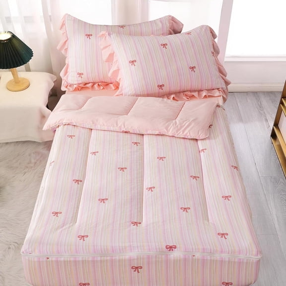 Zipper Bedding Pink Bow Printed on Colorful Rainbow Background Zippered Kids Comforter Set,Seersucker Chic Style