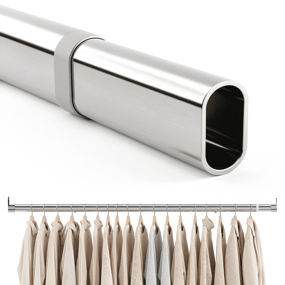 1-Pack Oval Closet Rod 18-40 Inch Adjustable Telescoping Clothes Hanging Bar with End Supports, Silver, for Wardrobe Laundry Room RV