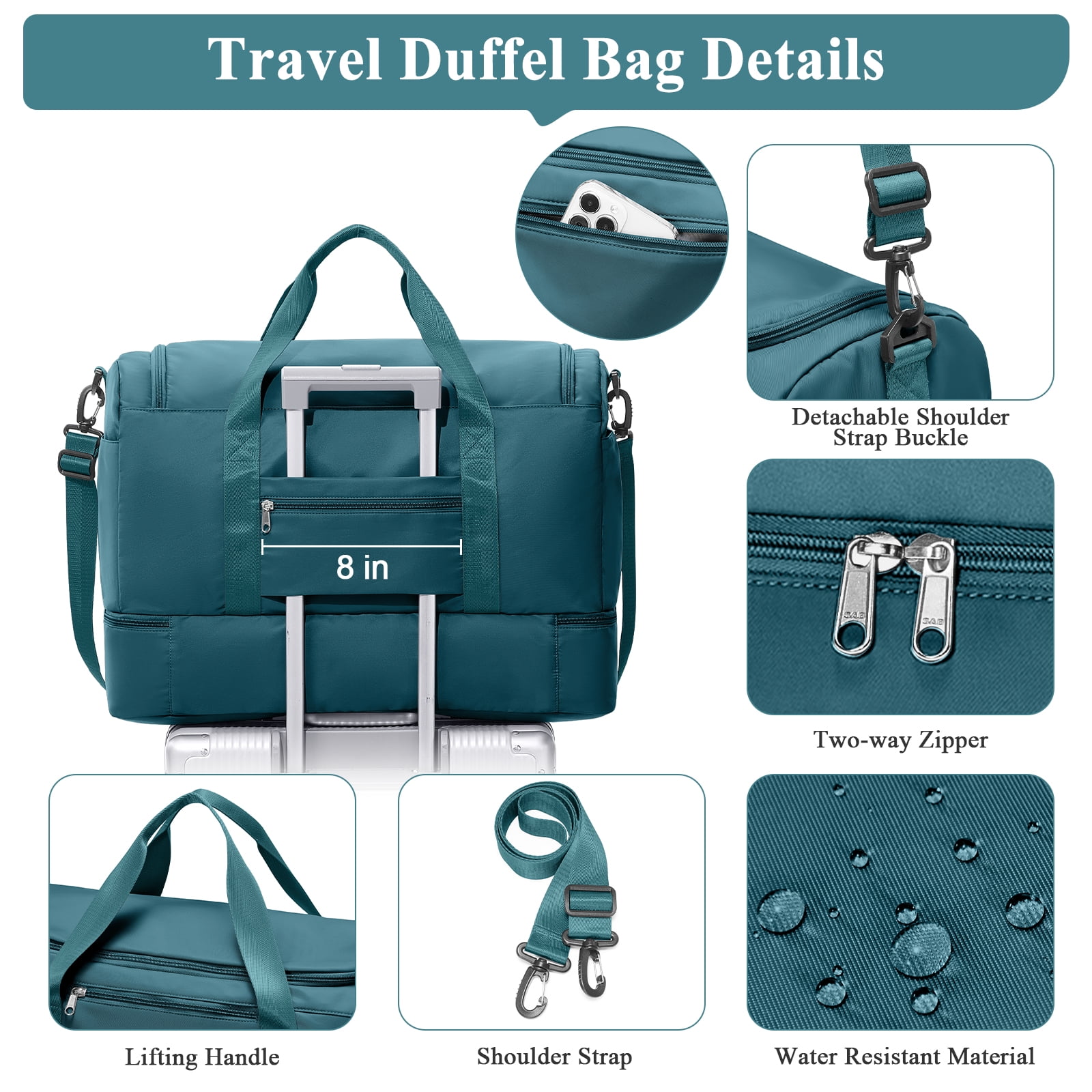 SYCNB Large Travel Duffel Bag, Weekender Overnight Bag for Women, Gym Tote Bag with Shoe Compartment, Carry-On Weekend Bag for Women with Wet Pocket for Travel Business, Peacock Blue