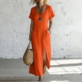 thumbnail image 5 of 2026 Summer Womens Dress Cotton Linen Square Neck Short Sleeve Long Dress with Pockets & Side Slit Beach Sundress, 5 of 7