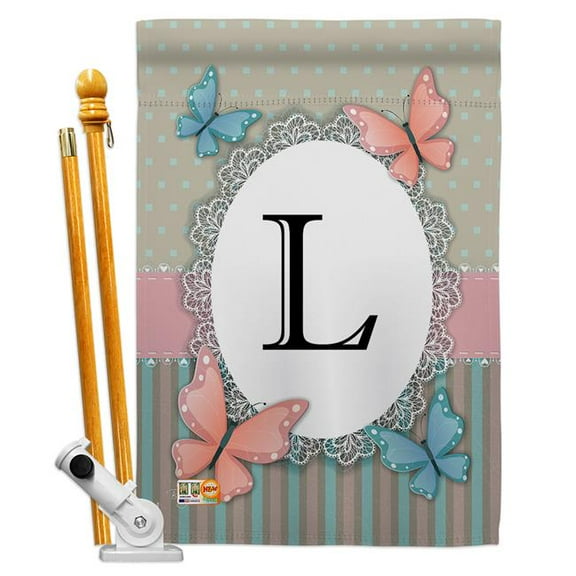 Breeze Decor BD-BG-HS-130142-IP-BO-D-US14-BD 28 x 40 in. Butterflies L Initial Garden Friends Bugs & Frogs Impressions Decorative Vertical Double Sided House Flag Set & Pole Bracket Hardware