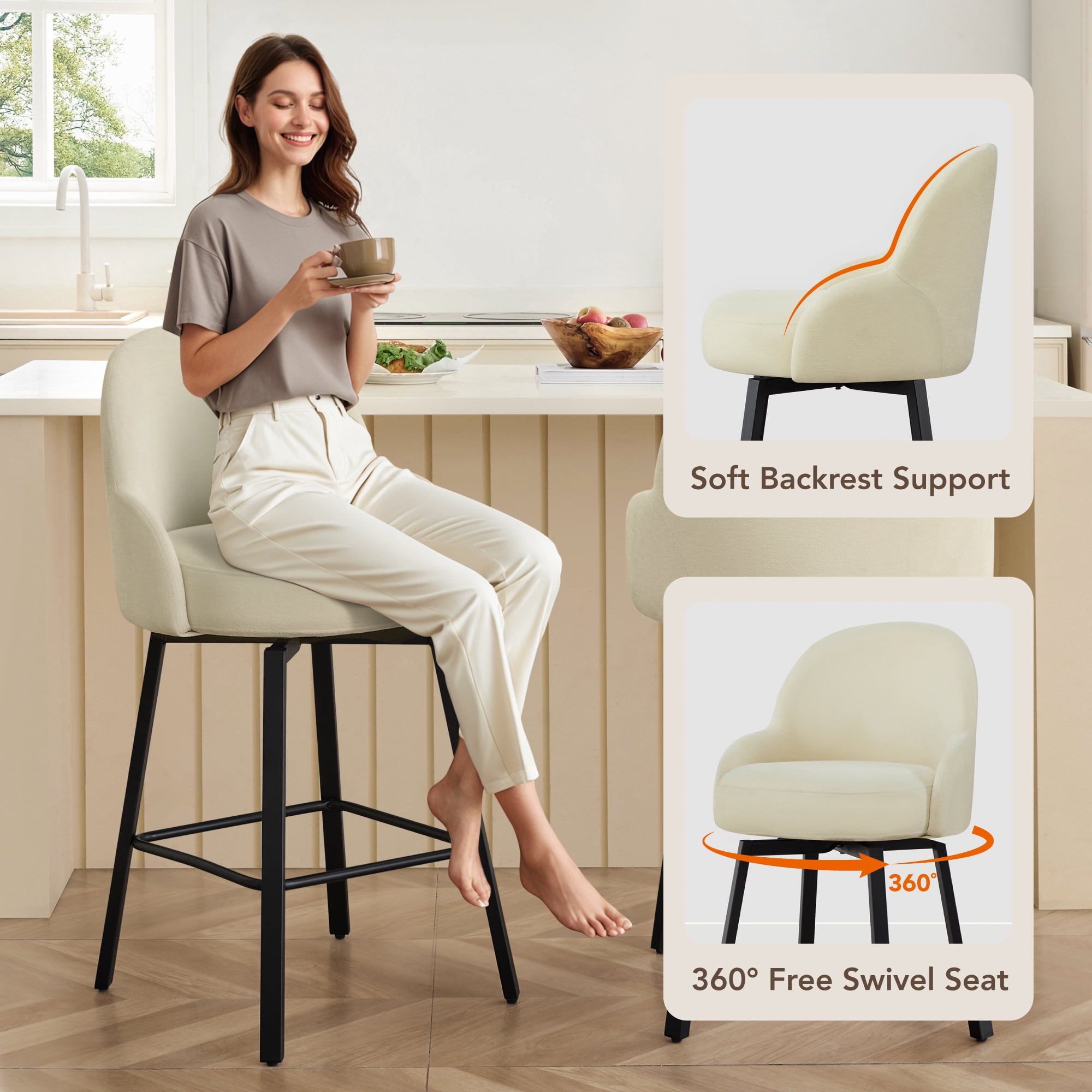 Spruce & Spring Counter Height Swivel Bar Stool with Upholstered Seat and Footrest Set of 2, Beige