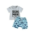 thumbnail image 2 of Yunliwuli Infant Boys Summer Clothes Outfits Letter Print Crew Neck Short Sleeve T-Shirts and Baseball/Shark/Dinosaur Print Shorts Suit, 2 of 9