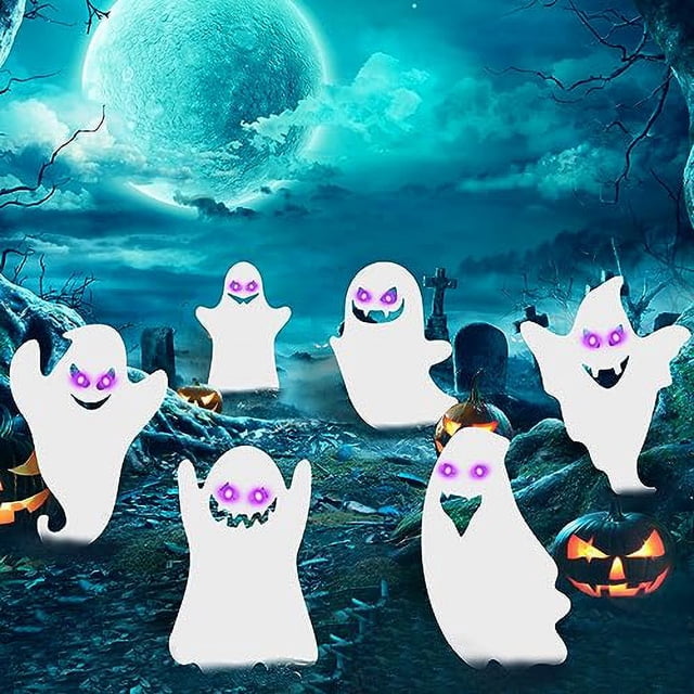 Conjunto de 6 Señales de Decoración de Halloween con Estacas de Fantasma Blanco para el Patio.
