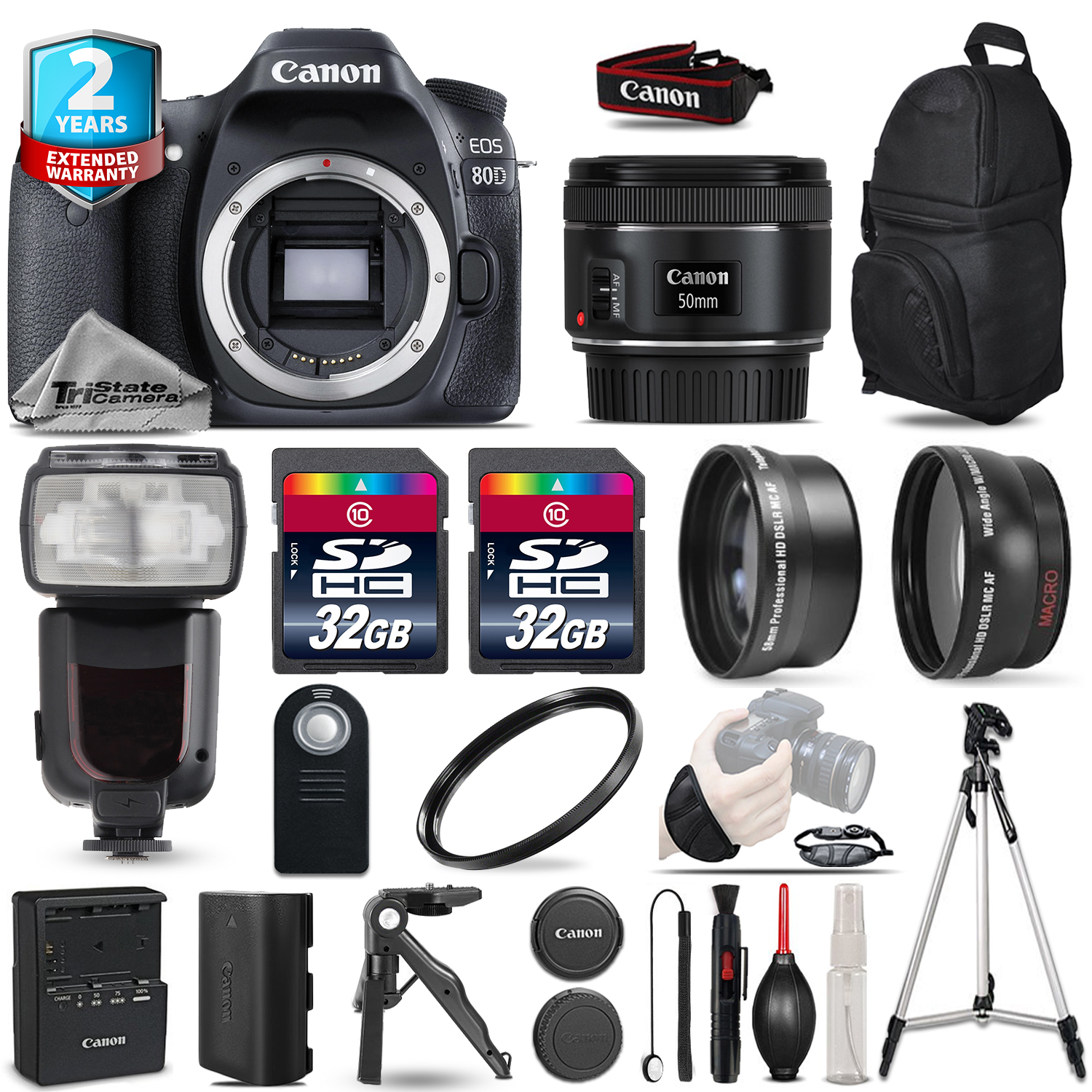 Canon EOS 80D DSLR Camera + 50mm 1.8 3 Lens Kit + Flash + 64GB + 2yr