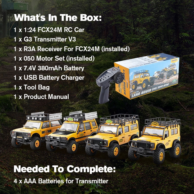 FCX24M FMS 1/24 RC Crawler, Land Rover Family, 2.4Ghz Off-Road RC Rock Crawler with Lighting Effects, Speed Switch and Accessory Packs, RC Cars for Adults (Range Rover)