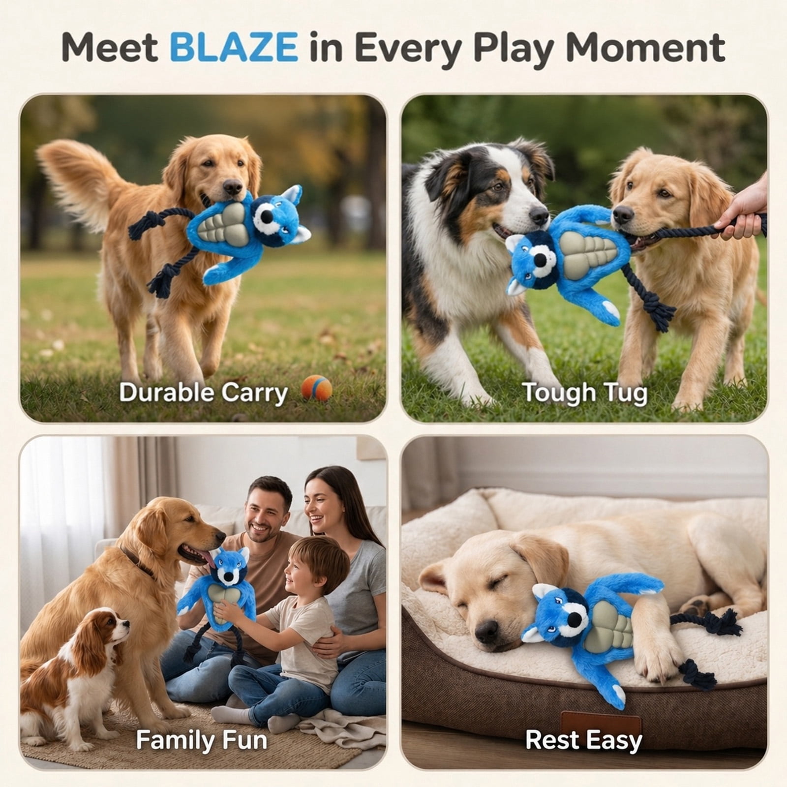 Calibonbon Wolf Rope & Plush Dog Toy with Squeaker, Interactive Tug Toy for Medium to Large Dogs, Multi-Texture Toy for Tug, Toss & Supervised Play