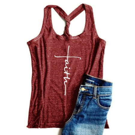 - Women Cross Faith Letters Print Sleeveless T-Shirt