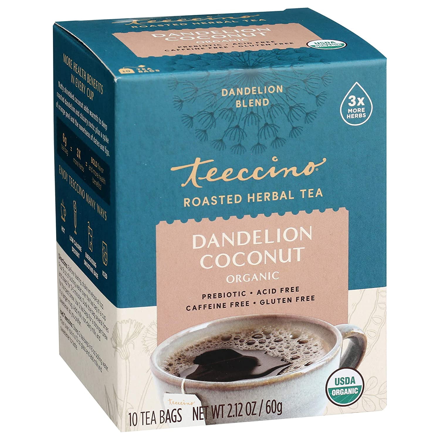 Teeccino Dandelion Caffeine-Free & Detoxifying Herbal Tea, Coconut, 10 Tea Bags