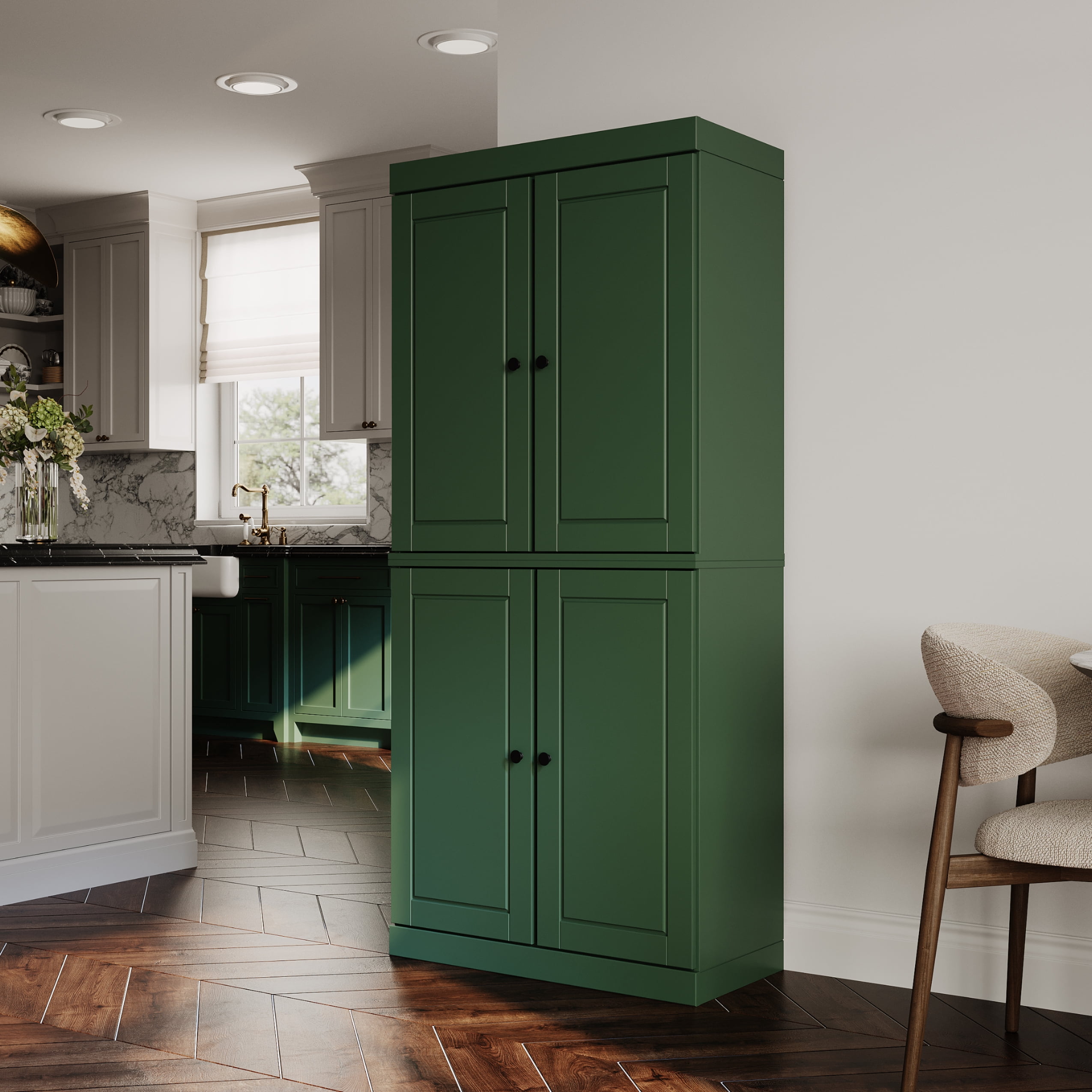 Palace Imports 100% Solid Wood Kitchen Pantry Storage Cabinet with Doors, Adjustable Shelves and 2-Drawers, Green