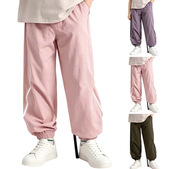 CBASIHI Girls Nylon Wide Leg Pants with Pockets Elastic Waist Track Casual Workout Lightweight Hiking Pants Pink 5 T- 14 T
