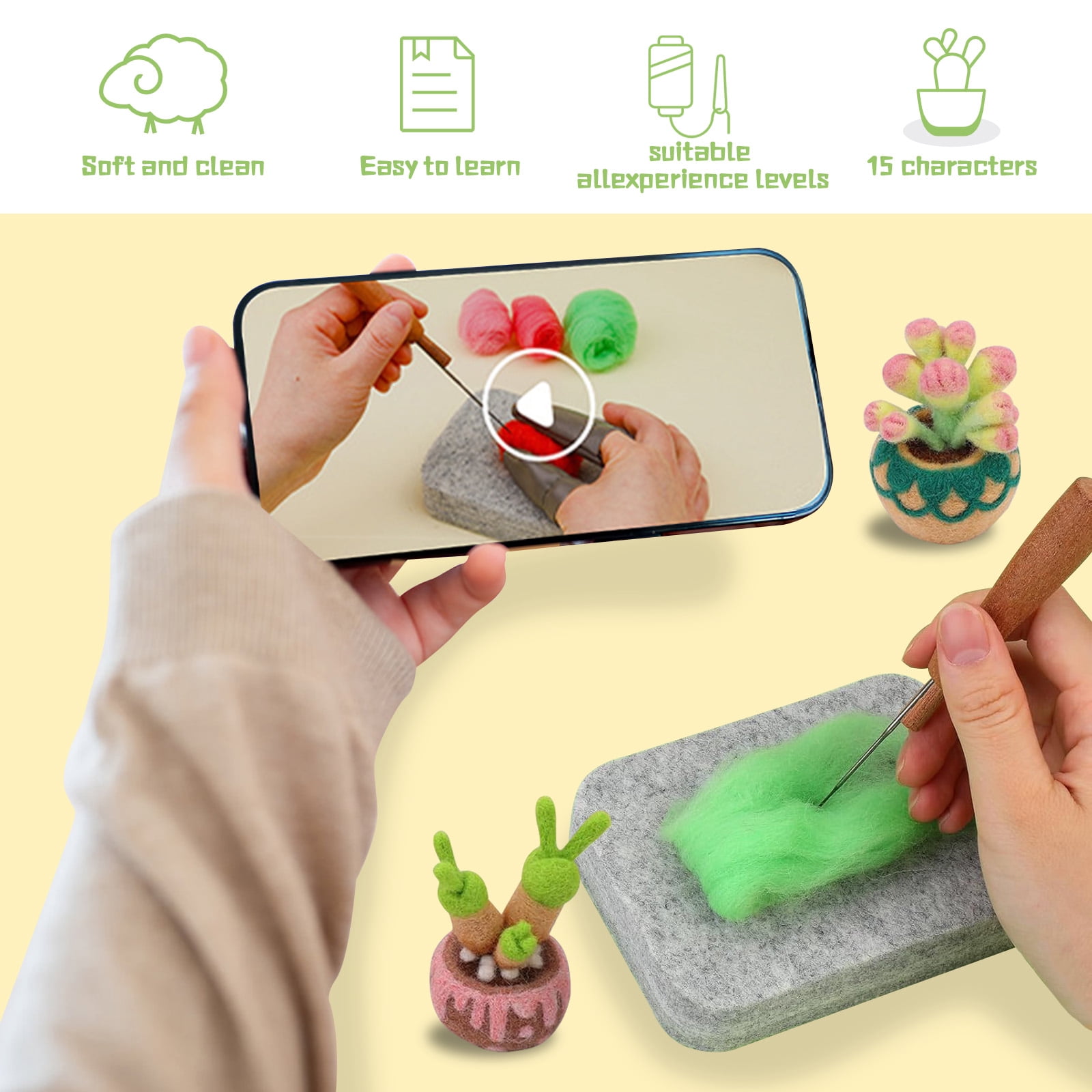 9 Pieces Succulent Plants Needle Felting Kit, Wool Felting Kit with Pad, Finger Cots, Needle, Wooden Felting Tool, Instruction, Needle Felt Start Kit Supplies for Beginners Adult DIY Decor