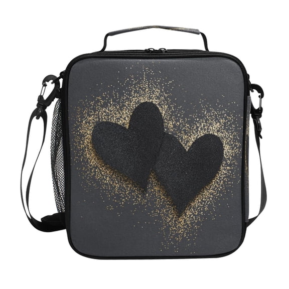 Insulated Square Lunch Bag with Side Mesh Pocket Fashion Lunch Box Reusable Lunch Tote 10.5" x9.5" x3.5" Black Hearts with Gold Glitter