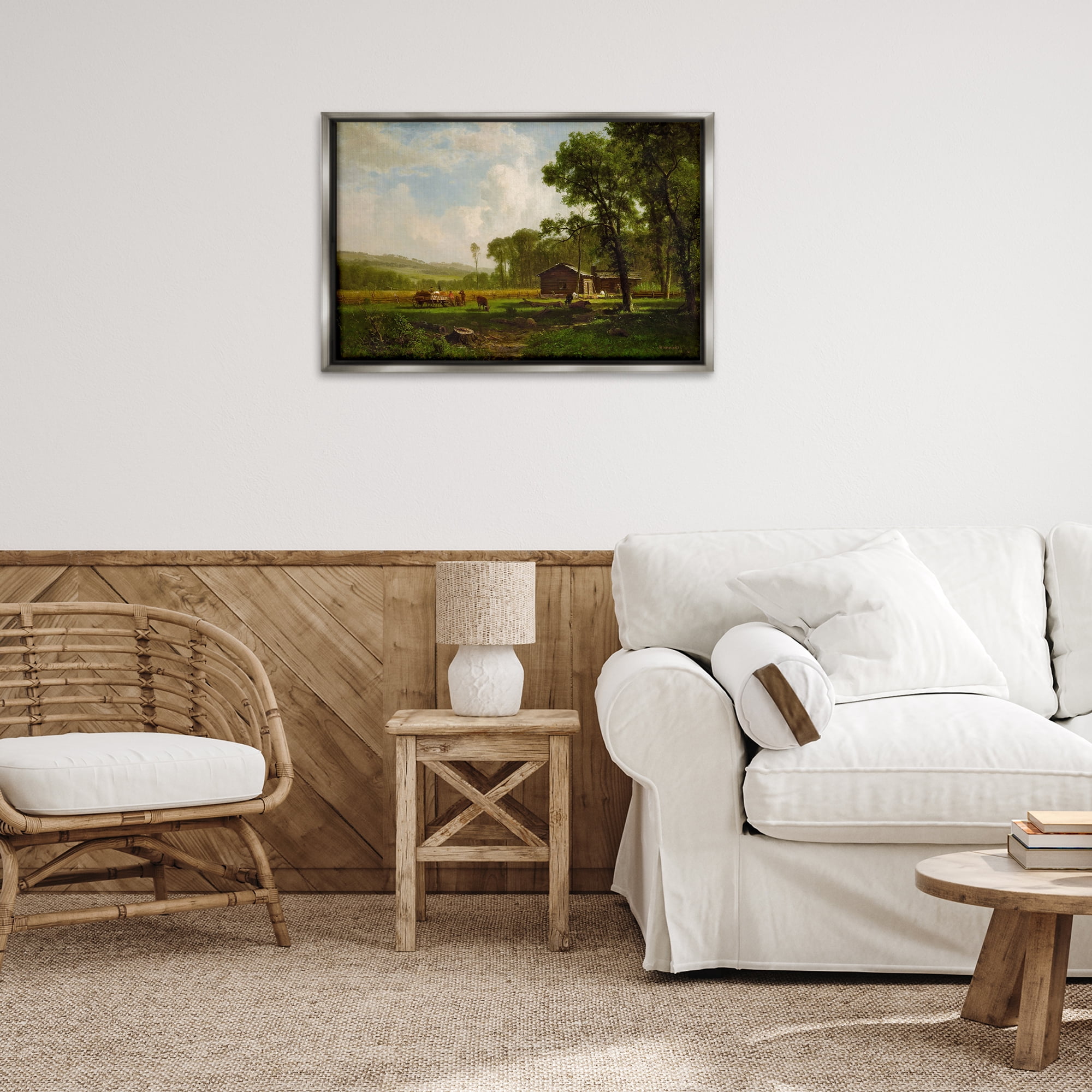 Stupell Industries Early Settlers Classical Landscape & Nature Painting Gray Floater Framed Canvas Art Print Wall Art, 31 x 21