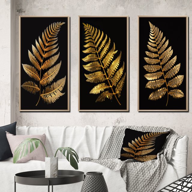 Designart "Golden Fern Against Black Background I" Floral Ferns Framed Wall Art Set Of 3 - Gold Modern Frame Gallery Wall Set For Home Decor