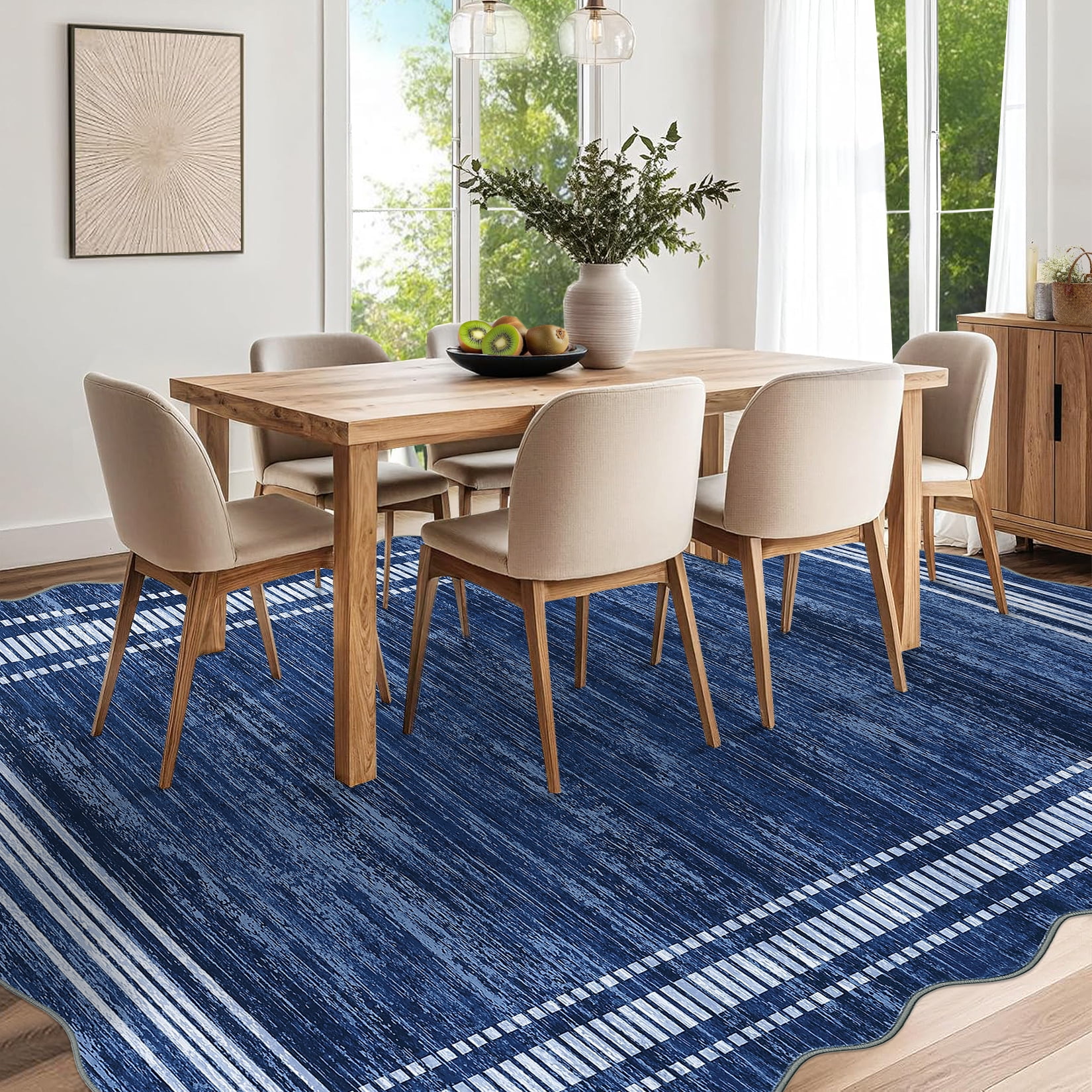 FairOnly Navy Blue 10'x13'Modern Machine Washable Plain Area Rug with Ruffled Border Non Slip Soft Carpet for Living Room Kitchen Entrance