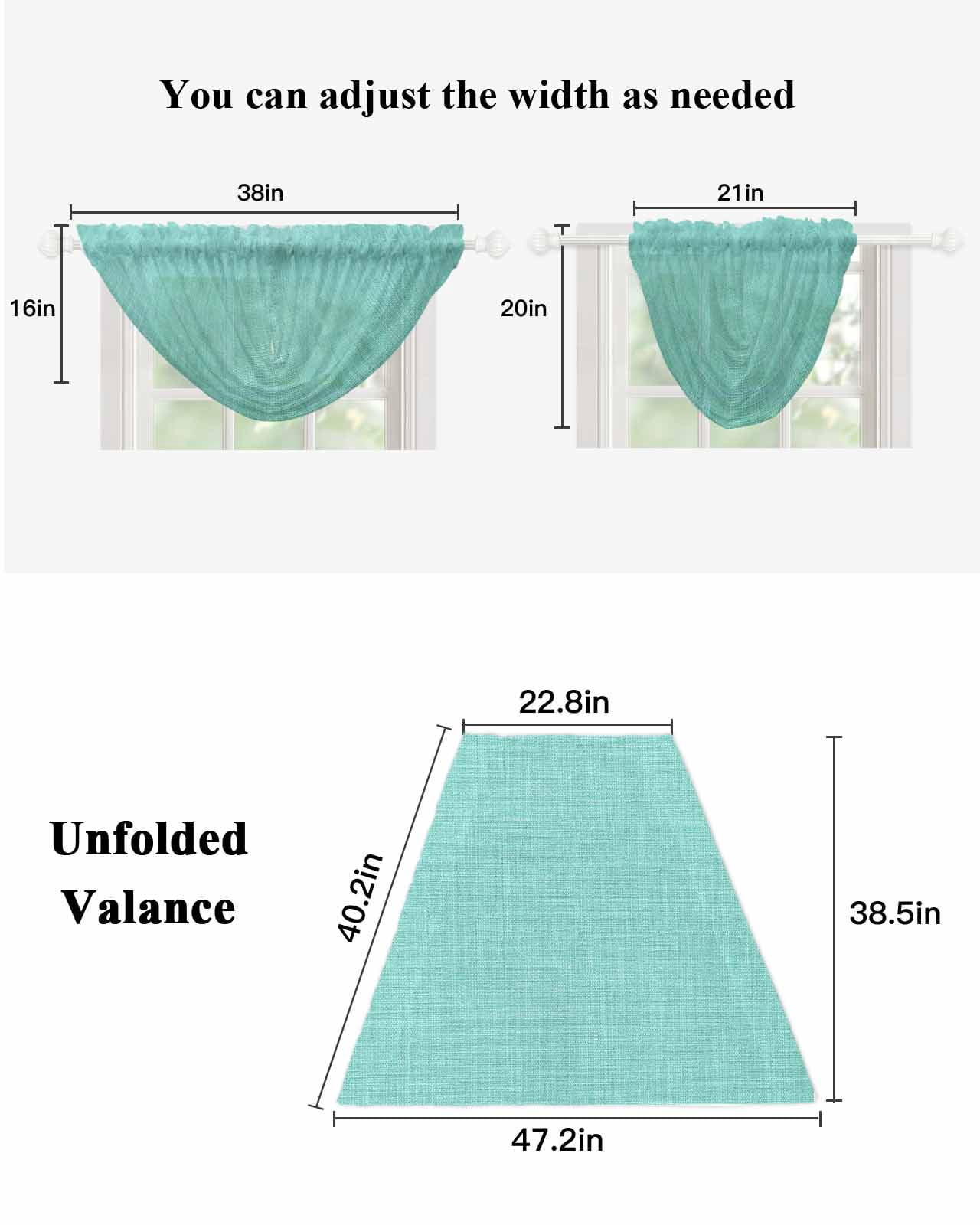 Turquoise Waterfall Valances for Windows, Farmhouse Burlap Solid Teal Color Modern Linen Texture Sheer Valance Curtains, Rod Pocket Elegant Swag Valances for Living Room Bedroom, 47.2"x38.5", 2 Panel
