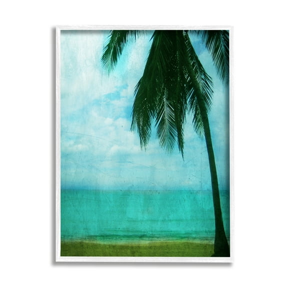 Stupell Industries Tropical Coast Palm Tree Silhouette Distressed Scratch Pattern Nature Painting White Framed Art Print Wall Art, 11 x 14