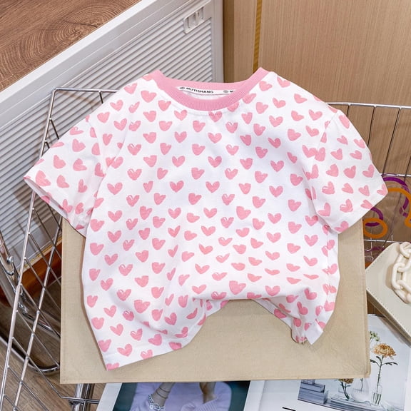 ITSAME Shirts for Toddler Girls, Heart Print Round Neck Cotton Summer Casual Fashion Pullover Tops Pink 2-3T