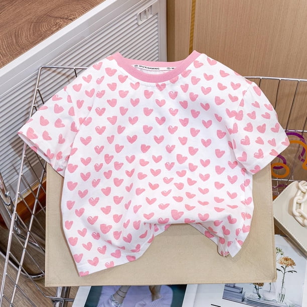 Blusas y camisas de manga corta con cuello redondo para niña, camiseta de verano con estampado de corazones, manga corta, top holgado y dulce de moda para bebé, top de algodón para niña.