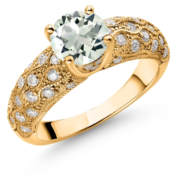 Gem Stone King 18K Yellow Gold Plated Silver Green Prasiolite and White Moissanite Engagement Ring for Women (1.44 Cttw, Round 7MM, Gemstone, Size 8)