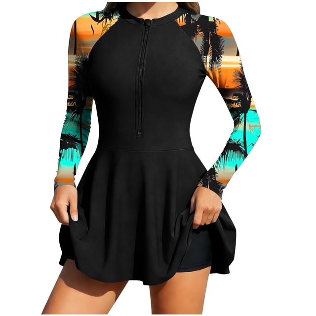 Brnmxoke Swimsuits for Curvy Women 2 Piece Sun Protection Rash Guard Long Sleeve Half Zip Modest Bathing Suits Dress Built in Bra Quick Dry Outfits with Bottom Army Green,M