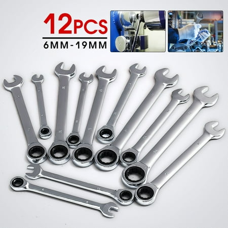 12pcs Wrench Ratchet Ring Open End Ring Box Kit Set 6-19mm Mechanic Tool Car Garage Steel Silver Metric
