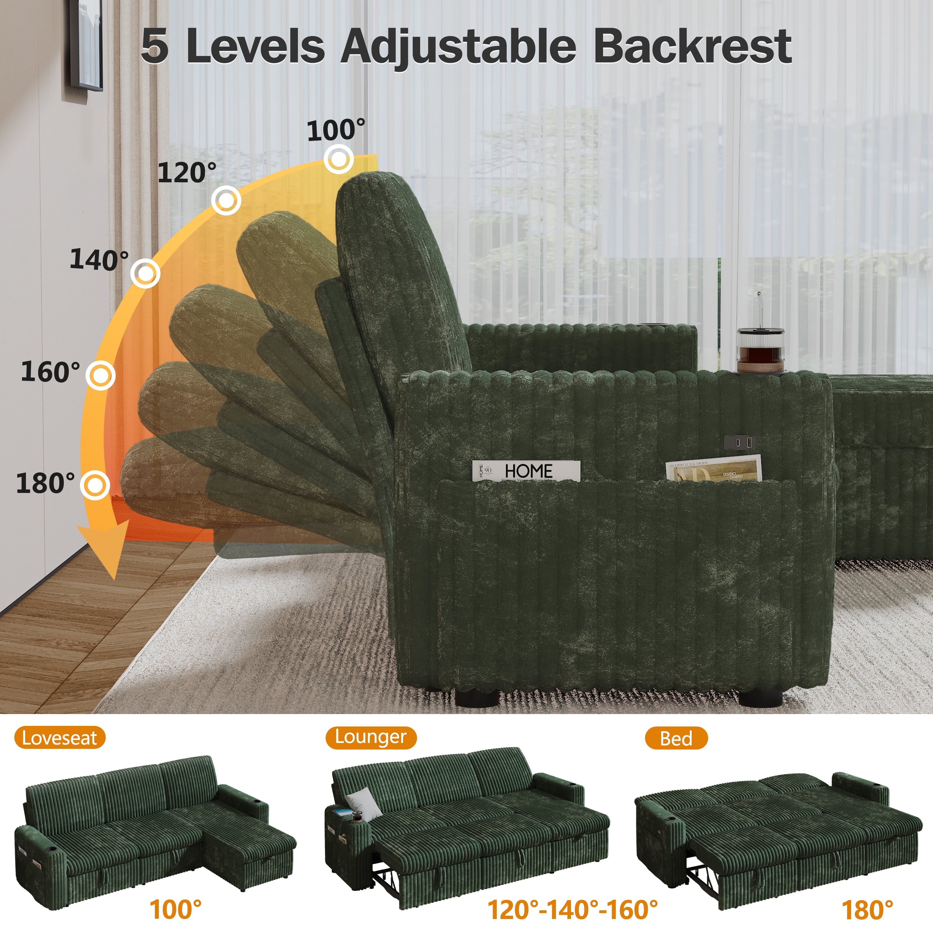 101” Detachable Mattress Sleeper Sofa with Pull-Out Mattress - L-Shaped Design, Adjustable Backrest + Reversible Storage Chaise, USB Ports/Cup Holders, Quick Assembly, Soft Green Corduroy