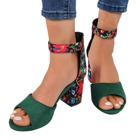 Miluxas Heels Sandals Clearance Women s Open Toe Ankle Strap Low Block Chunky Heels Sandals Party Dress Pumps Shoes Green 8.5(41)