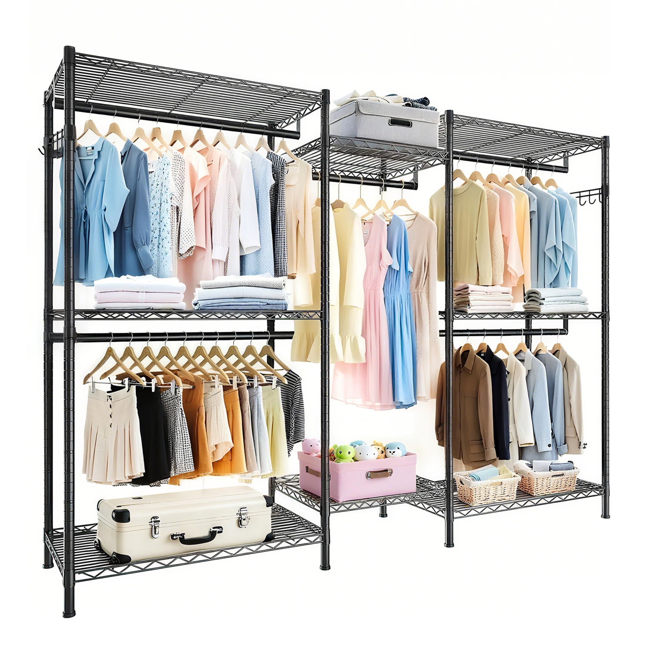 Noble House 74" Heavy-Duty Garment Clothes Rack, Adjustable Wire Shelves and Rail Freestanding Closet Organizer, Black