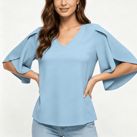 Zynoxe Womens 3/4 Ruffled Sleeve Tops Casual Solid Color V-neck Blouses for Daily Wear Summer Loose Flowy Business Work Shirt Tops Light Blue S