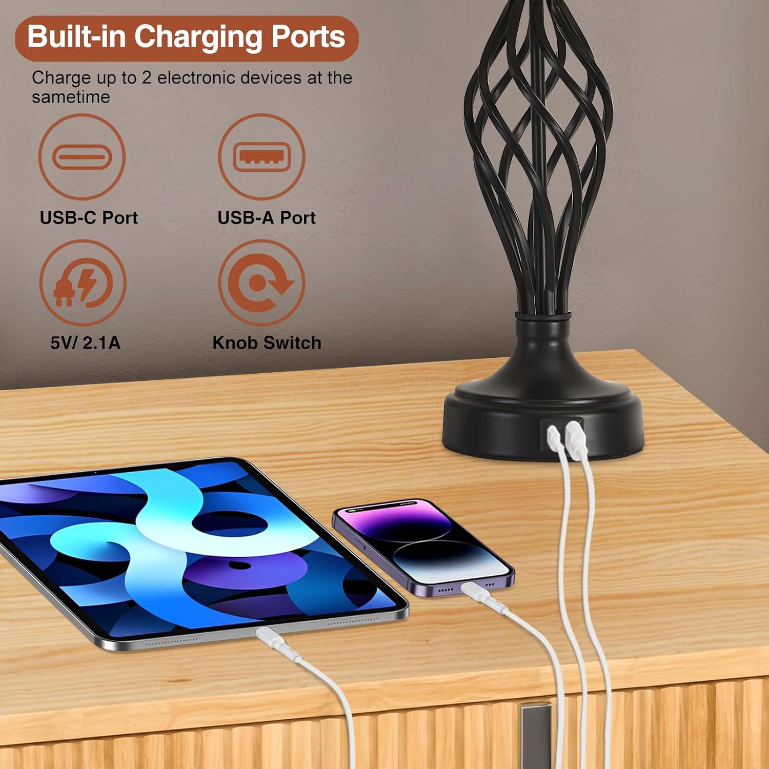 NATYSWAN Table Lamps Set of 2 with USB C+A Ports, Modern Bedside Lamps with Spiral Cage Base, Fabric Shade, Nightstand Lamp for Living Room Bedroom