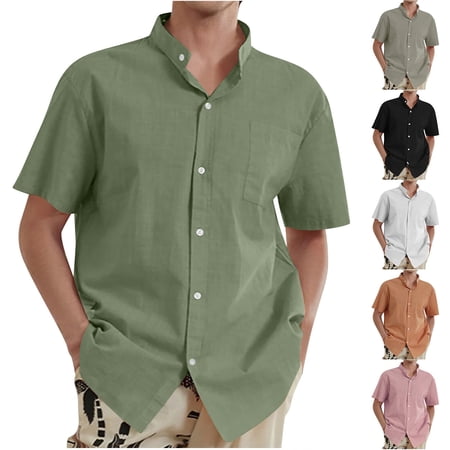 Men s Summer Short Sleeve Stand-Up Collar Button Down Shirt Blouse Top for Casual Business Vacation Office Work Daily Wear Classic Mens Apparel | Ihhxva Green 2XL