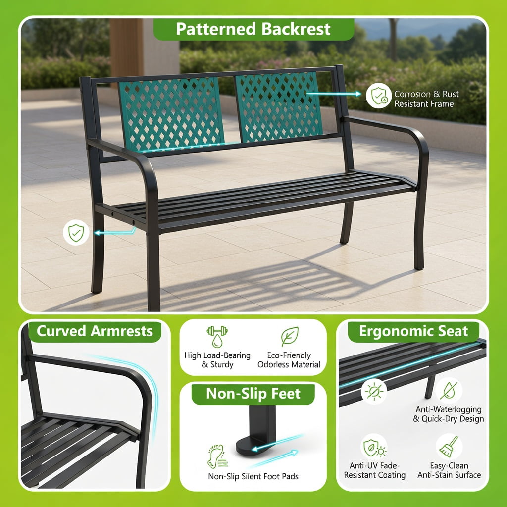 Hommoo Heavy-Duty Metal Outdoor Bench for Patio, Garden, Porch, 2-3 Person Loveseat with Ergonomic Backrest & Curved Armrests, Black