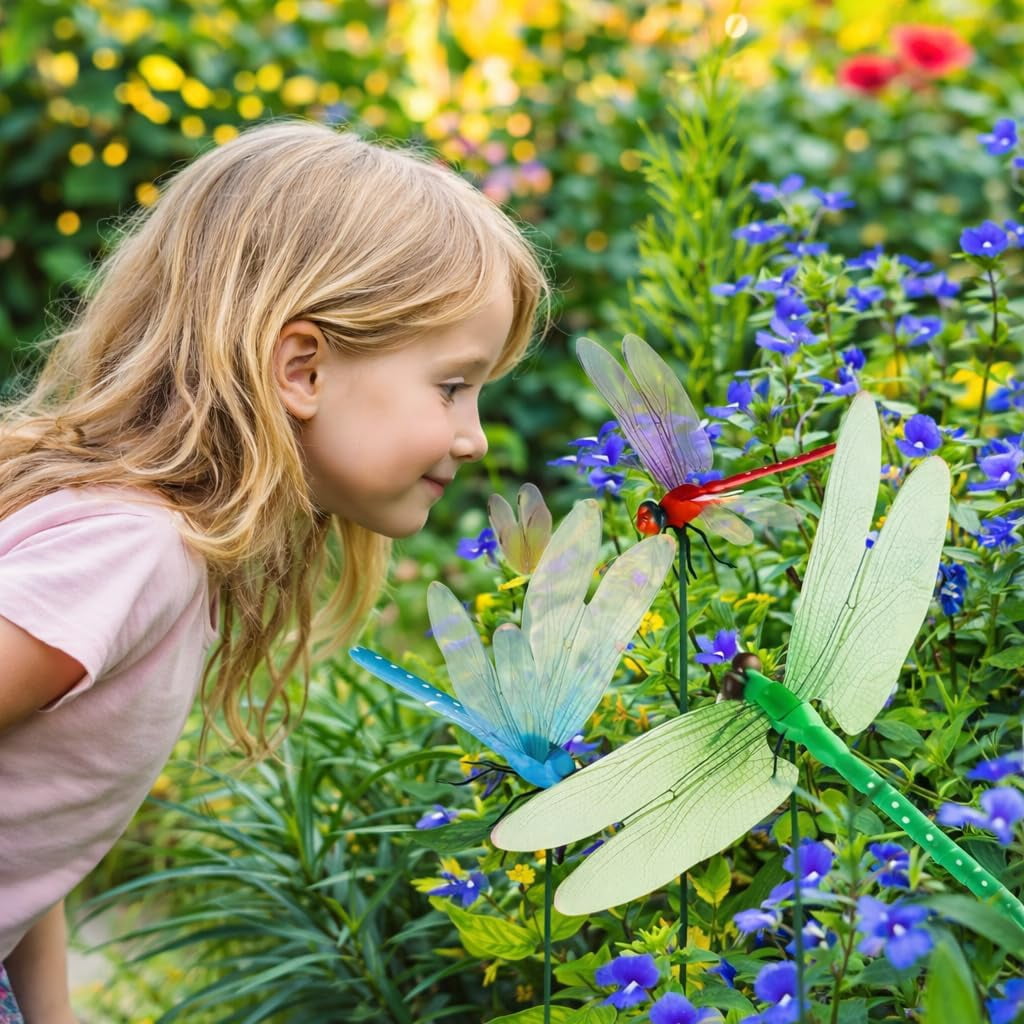 HaCpiu 8Pcs Dragon Fly Clips for Bugs Repellent, 12" 3D Dragonfly Garden Stakes Decor, Fake Insect Hat Clip Decoration for Patio, Backyard, Garden, Yard Ornament & Outdoor Lawn Decor