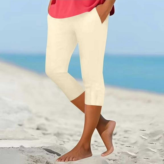 BLOCLOALO Yoga Pants Stretch Pants Leggings Jogging Bottoms High Waist Sports Trousers Short Plain Elastic Waist Trousers Casual Slim Fit Running Capri Pants Athletic Pants Active Pants Beige L