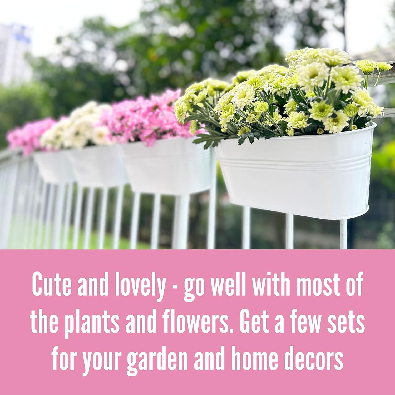 LaLaGreen Rail Planter for Outdoor (4 Pack, 9.8 Inch) Small and Cute Metal Iron Hanging Flower Pots Deck Railings Fence Buckets Boho Style White Wall Mount Window Box Plant Holder Hooks Porch Decor