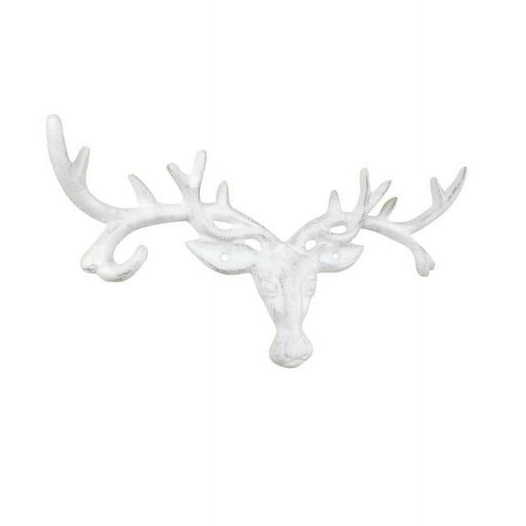 Handcrafted Model Ships k-9340A-w 6.5 x 2 x 13 in. Whitewashed Cast Iron Deer Head Antlers Decorative Metal Wall Hooks