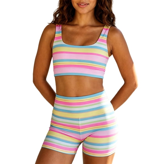 OOOUM Women Striped 2 Piece Workout Set Square Neck Colorful Sleeveless Crop Tank High Waist Biker Shorts Yoga Athletic Outfit Multicolour S