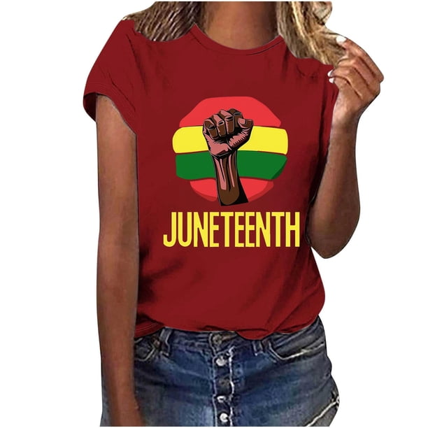 Tops de Manga Corta para las Mujeres de Ajuste Suelto, Día de la Independencia Negro Impreso, Cuello Redondo Suelto Superior