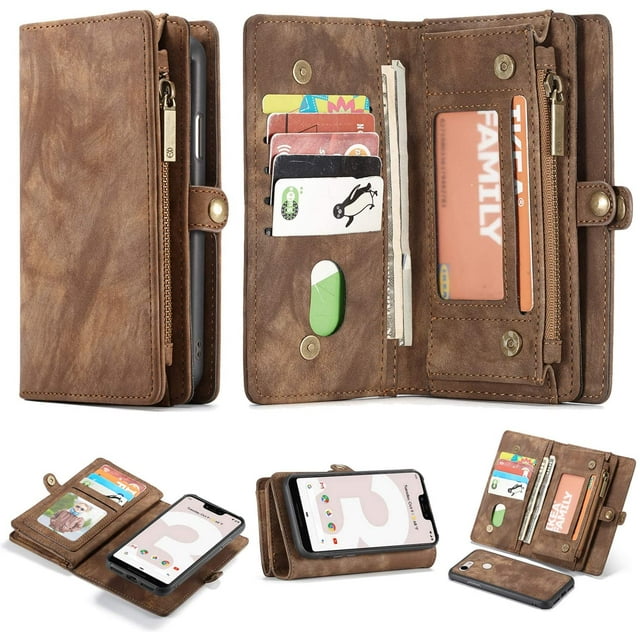 Google Pixel 3 Leather Wallet Zipper Purse Detachable Card Slots Holder Flip Case Magnetic Handle Shockproof Cover Pocket Wallet Handbag for Google Pixel 3 (Brown, Pixel 3)