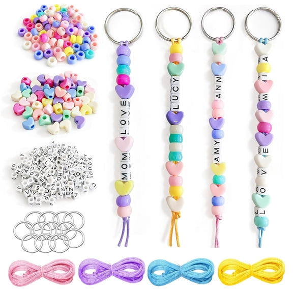 566 Pcs DIY Colorful Beaded Keychain Making Kit, Letter, Barrel, Heart Beads Craft Keyring with Metal Ring Clasp and Rope, for Decor Accessories