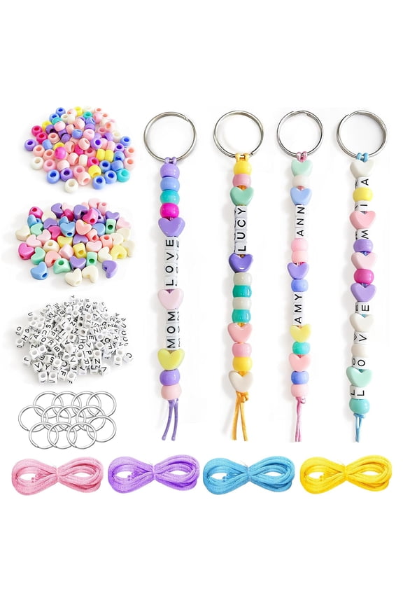 566 Pcs DIY Colorful Beaded Keychain Making Kit, Letter, Barrel, Heart Beads Craft Keyring with Metal Ring Clasp and Rope, for Decor Accessories