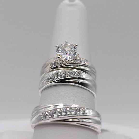 Silver & Stone Jewels 14K White Gold Finish Wedding Ring Set His & Hers Matching Bands with Cubic Zirconia