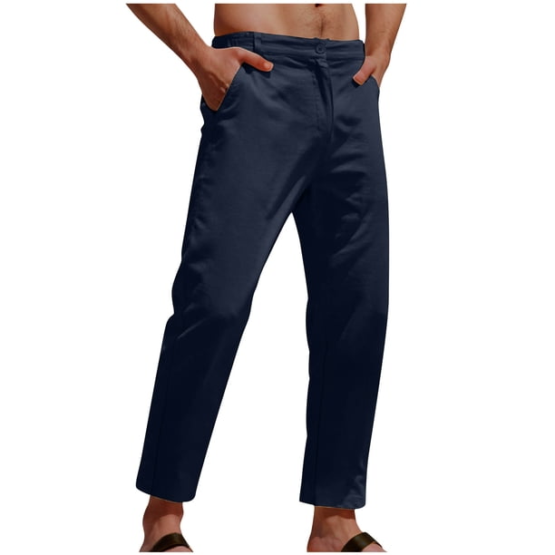 Puntoco Pantalones casuales de longitud completa para hombre, pantalones casuales sólidos a la moda con bolsillos, botones, cremallera y cintura elástica, pantalones largos